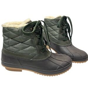 Khombu Zany Green Waterproof Duck Boots Faux Fur Lined Lace Up Women’s Size 10